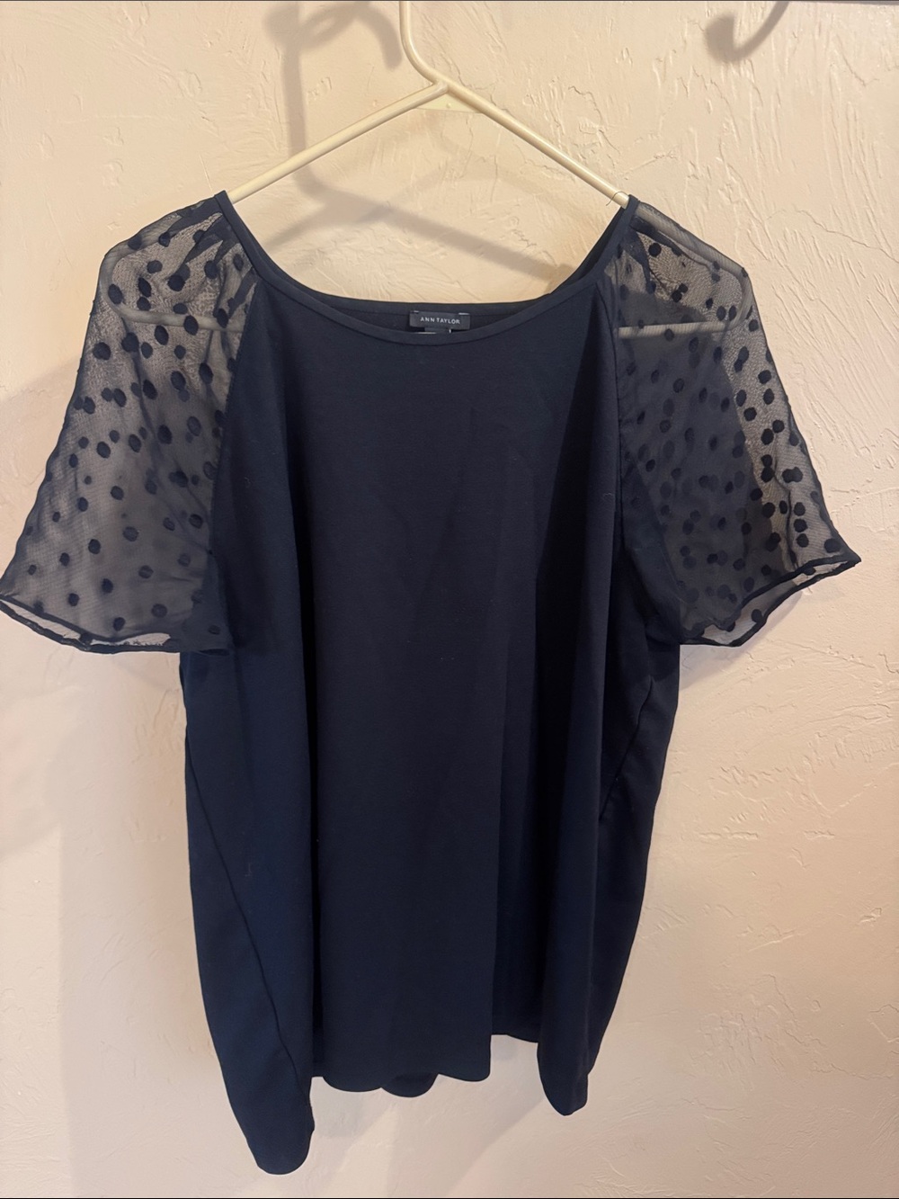 Ann Taylor Navy Dot Sheer Sleeve Short Sleeve Top